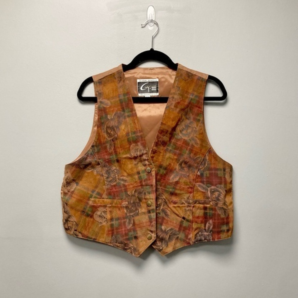 Global Identity G-III Leather Vest Plaid Rose‎ Floral Print Tan Brown Large